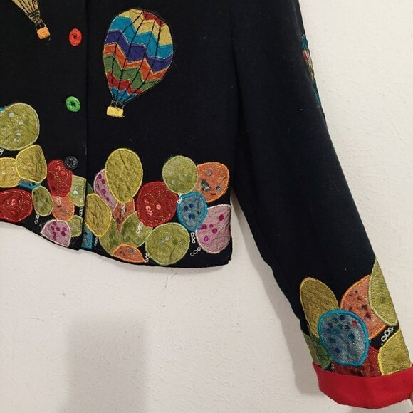 Vintage Anage Black Hot Air Balloons Button Down Jacket Sequins Patchwork 80s S - Picture 7 of 14